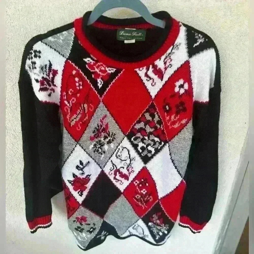 Vintage Dana Scott sweater. Ugly sweater. Granny. Vintage red gray white sweater